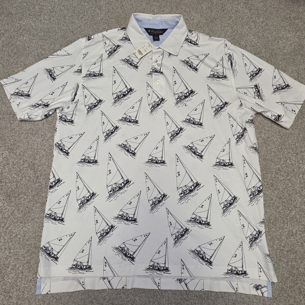 Brooks Brothers Mens L Pima Cotton Polo Shirt Sailboat Sailing Nautical Coastal